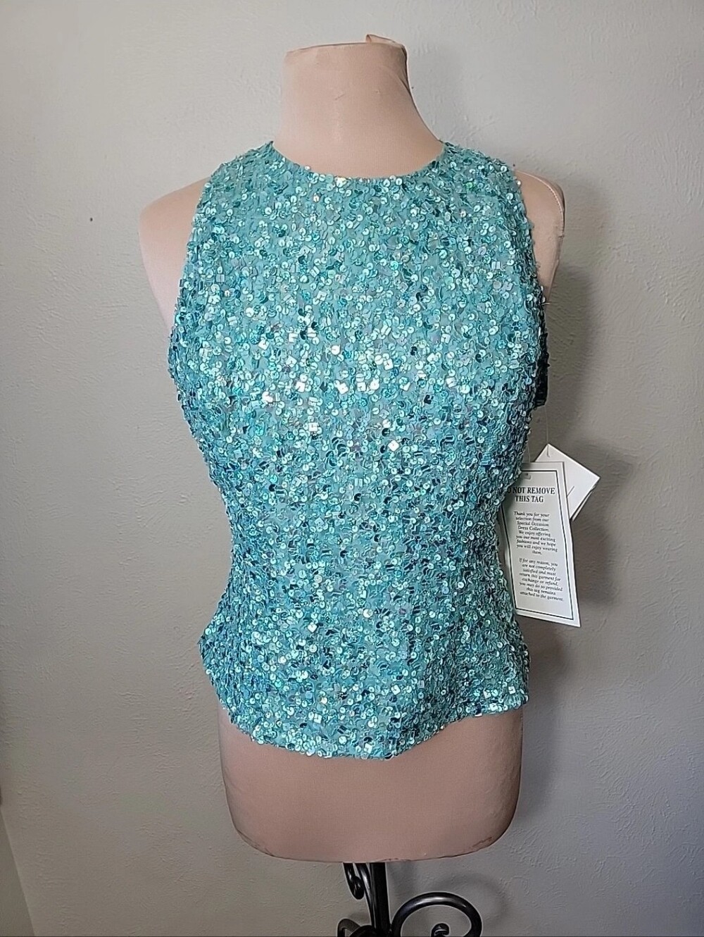 Vintage Aqua Blue Turquoise Sequin Blouse Top Women's L